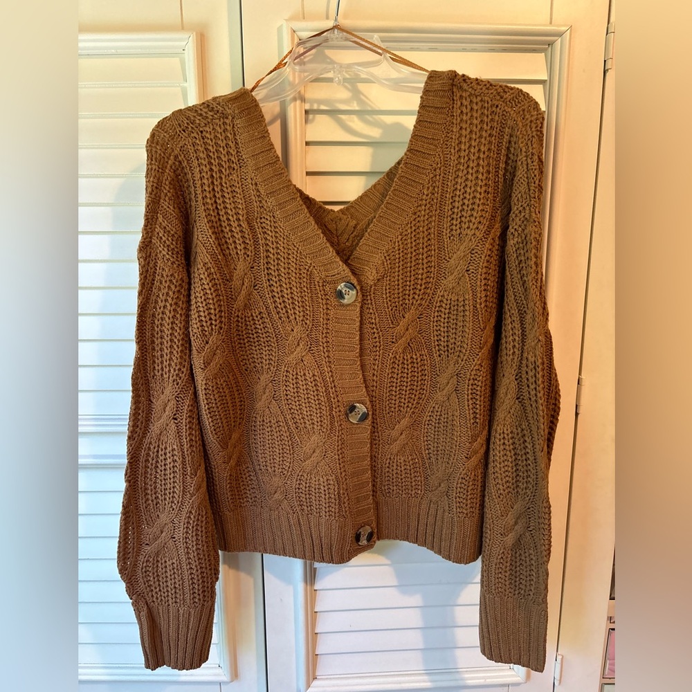 NWT Pink Rose Brown Button Down Sweater (Reversible) Size L